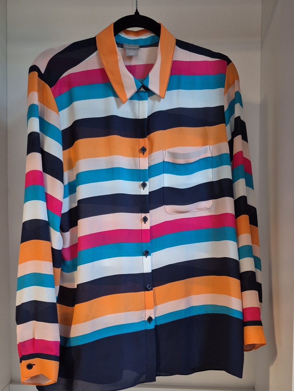 Chico's Striped Button-Down Shirt in Navy, Orange, Teal, Pink, Cream